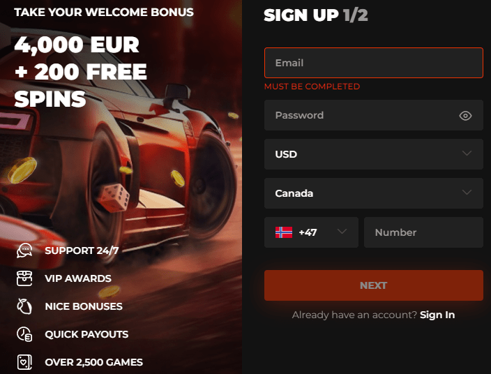 sing up 1n casino